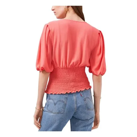 1. STATE Womens Coral Stretch Elbow Puff-sleeve Surplice Neckline Top XXS - Picture 2 of 4